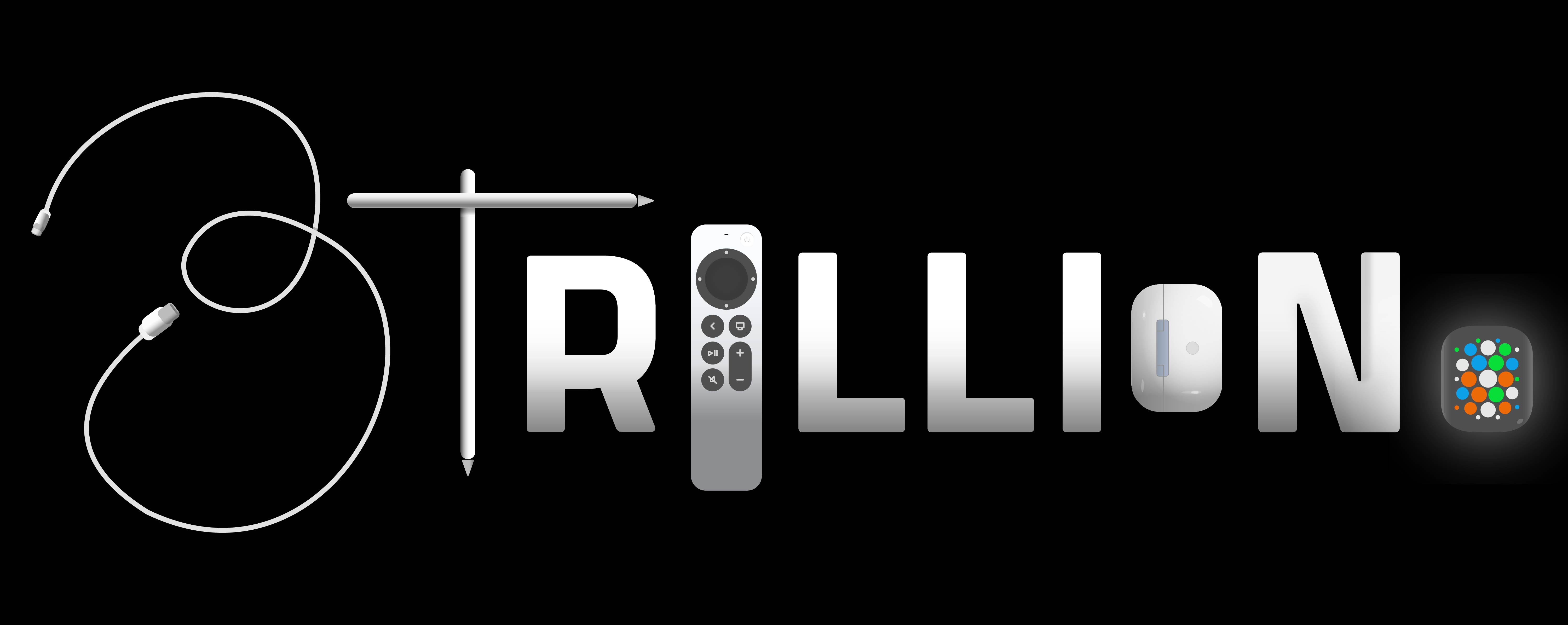 the words '3 trillion' written in metallic-looking type with some letters replaced by apple products
