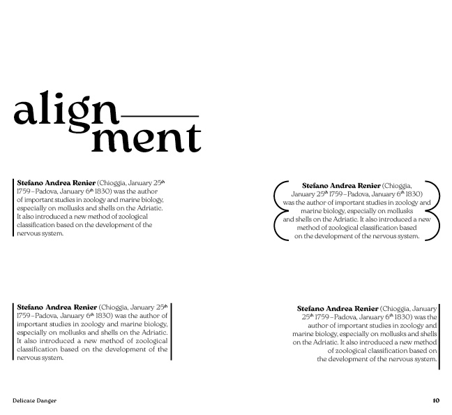 a spread titled 'alignment' showcasing different alignments of type