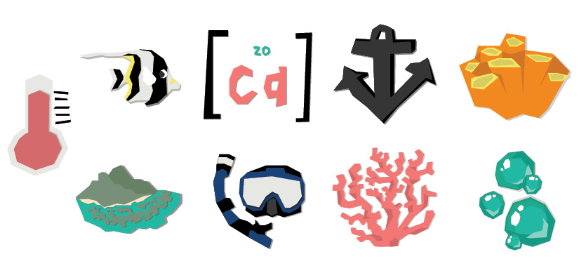 a collection of icons including a thermometer, fish, calcium symbol, anchor, coral, island, scuba goggles, and bubbles