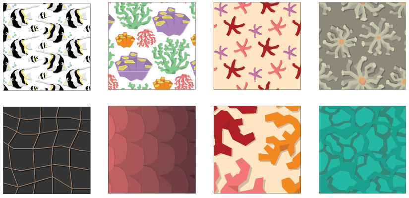 a series of patterns showing fish, netting, coral, starfish, polyps, scales and water