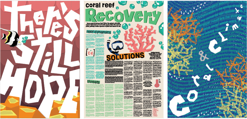 a set of three posters, one reading 'there's still hope,' another reading 'coral reef recovery' and another reading 'coral & climate'