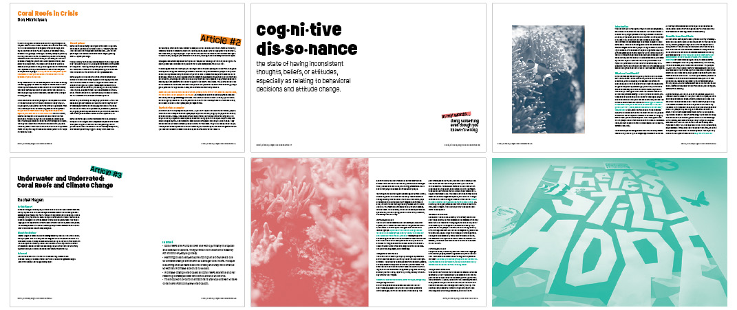 a series of spreads from the coral publication, one reading images of coral, a poster that reads 'there's still hope' and typeset articles about coral and climate change