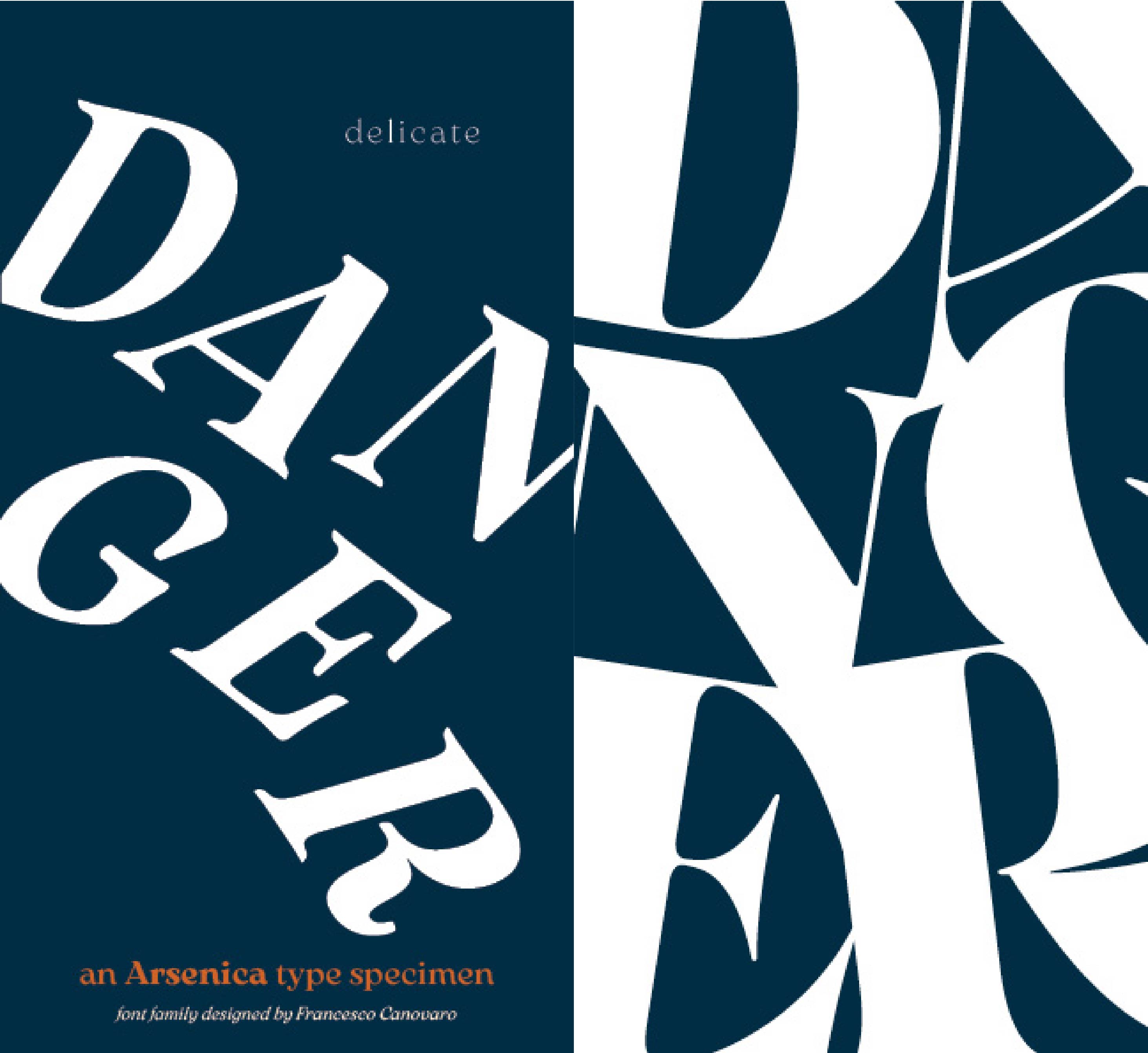 a type specimen cover titled 'delicated danger, an Arsenica type specimen, font family designed by Francesco Canovaro' with type falling and pressing against each other