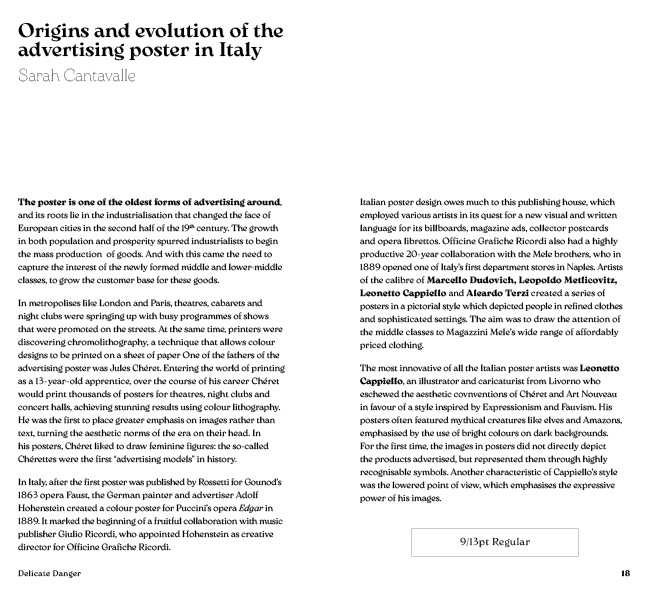 a spread of the article 'origins and evolution of the advertising poster in Italy' typeset