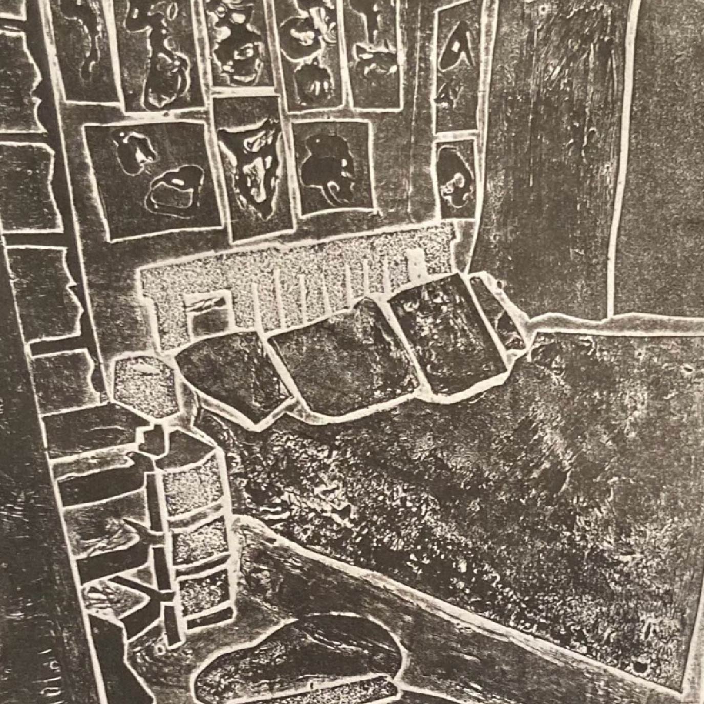 a black-and-white print of a bedroom