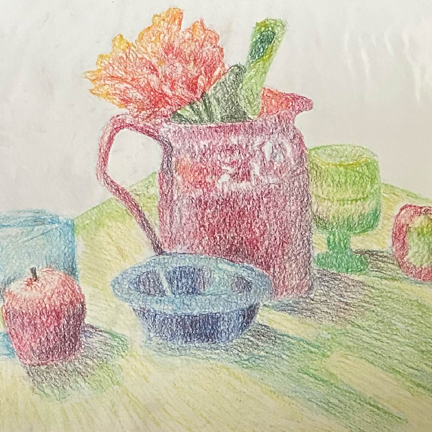 a pastel drawing of a vase with flowers, bowls, cups and apples