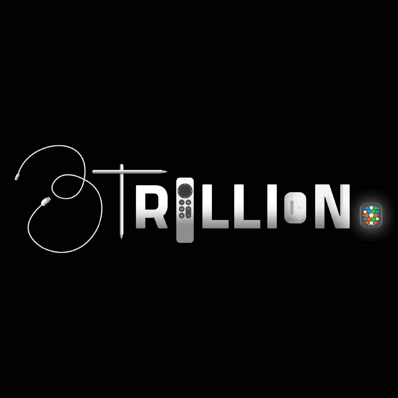 the words 3 trillion written out with some letters replaced by apple products