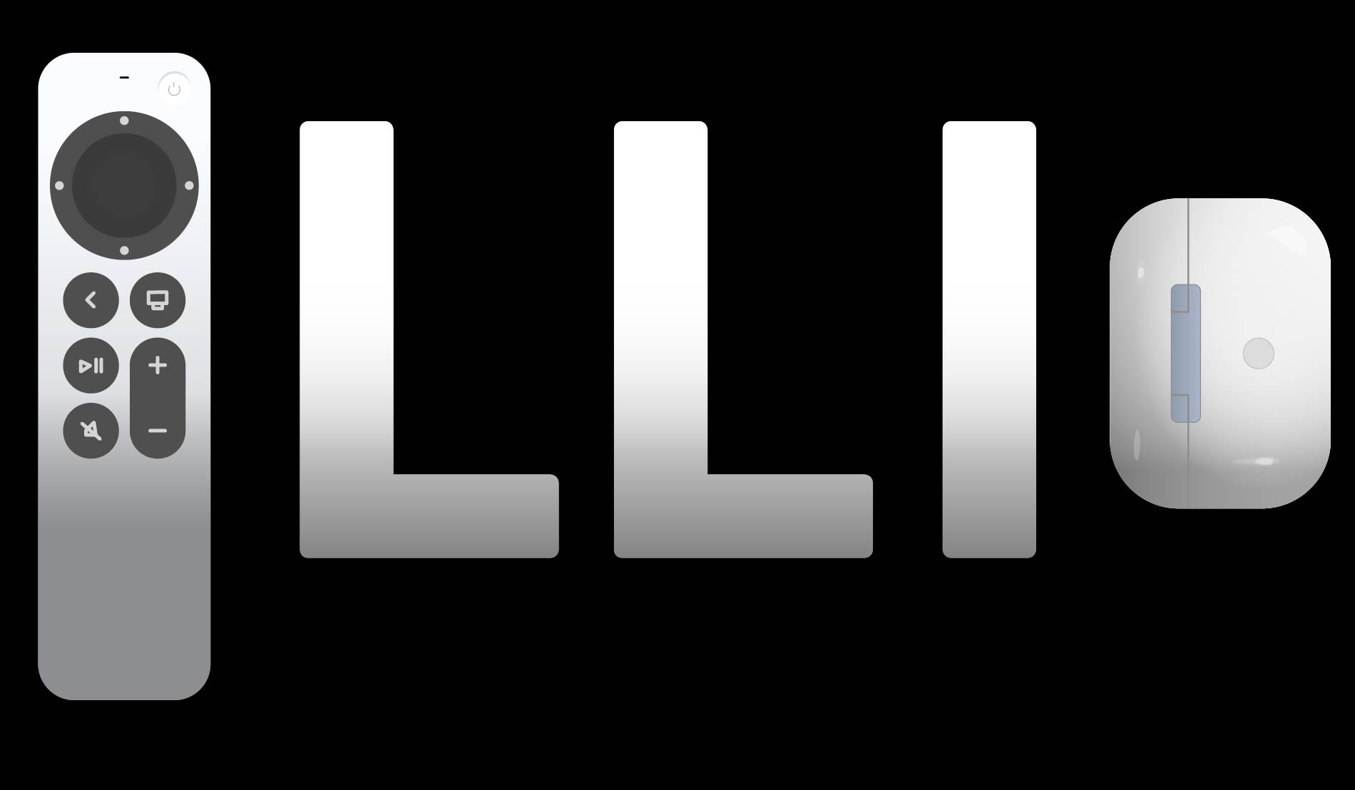 a zoomed in view of the art showing an apple tv remote, the letters LLI, and an airpods case